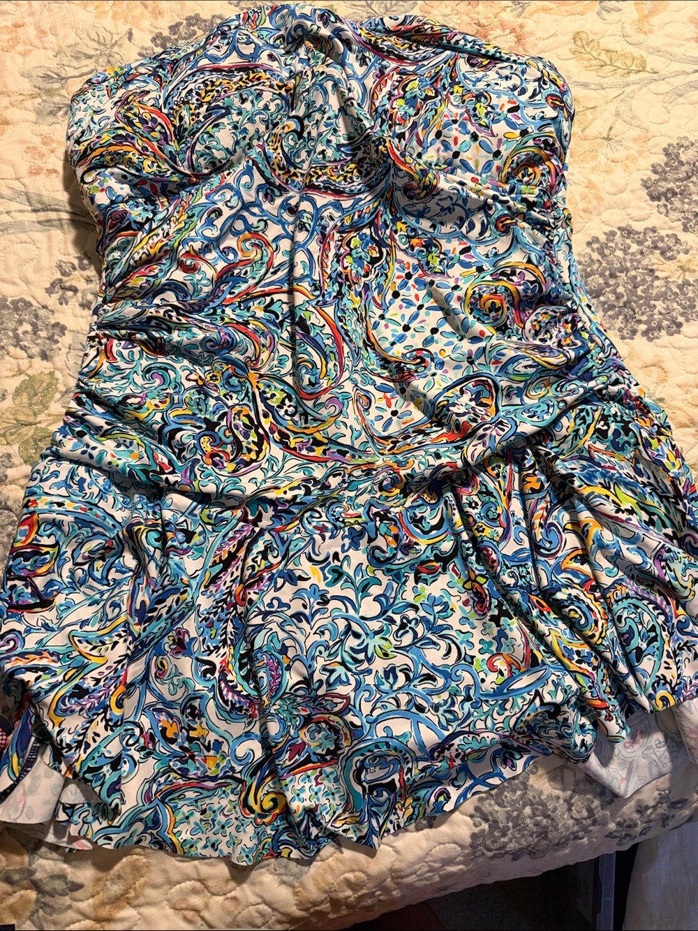 LC Lauren Conrad White Multicolor Paisley Strapless One-Piece Swimdress